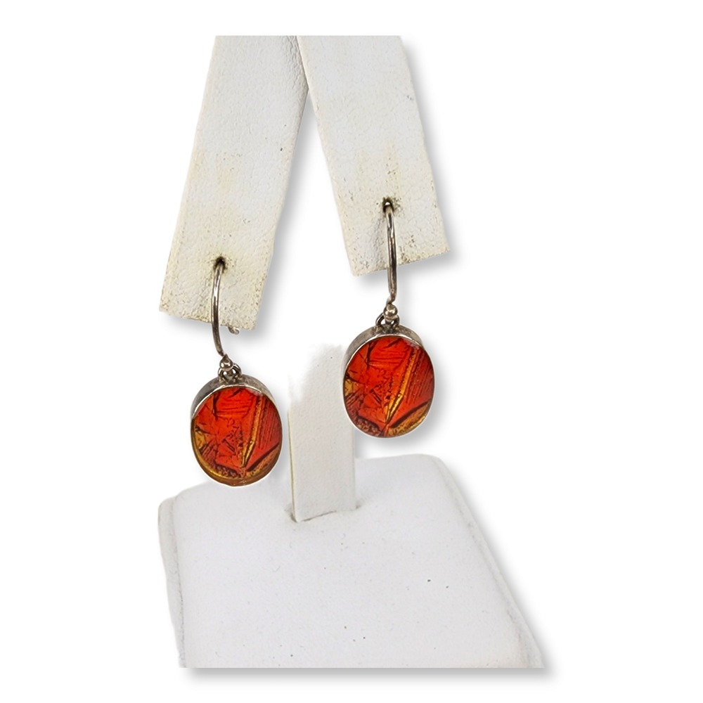 Vintage Resin Filled Red Colored Sterling Silver 925 Dangle Earrings